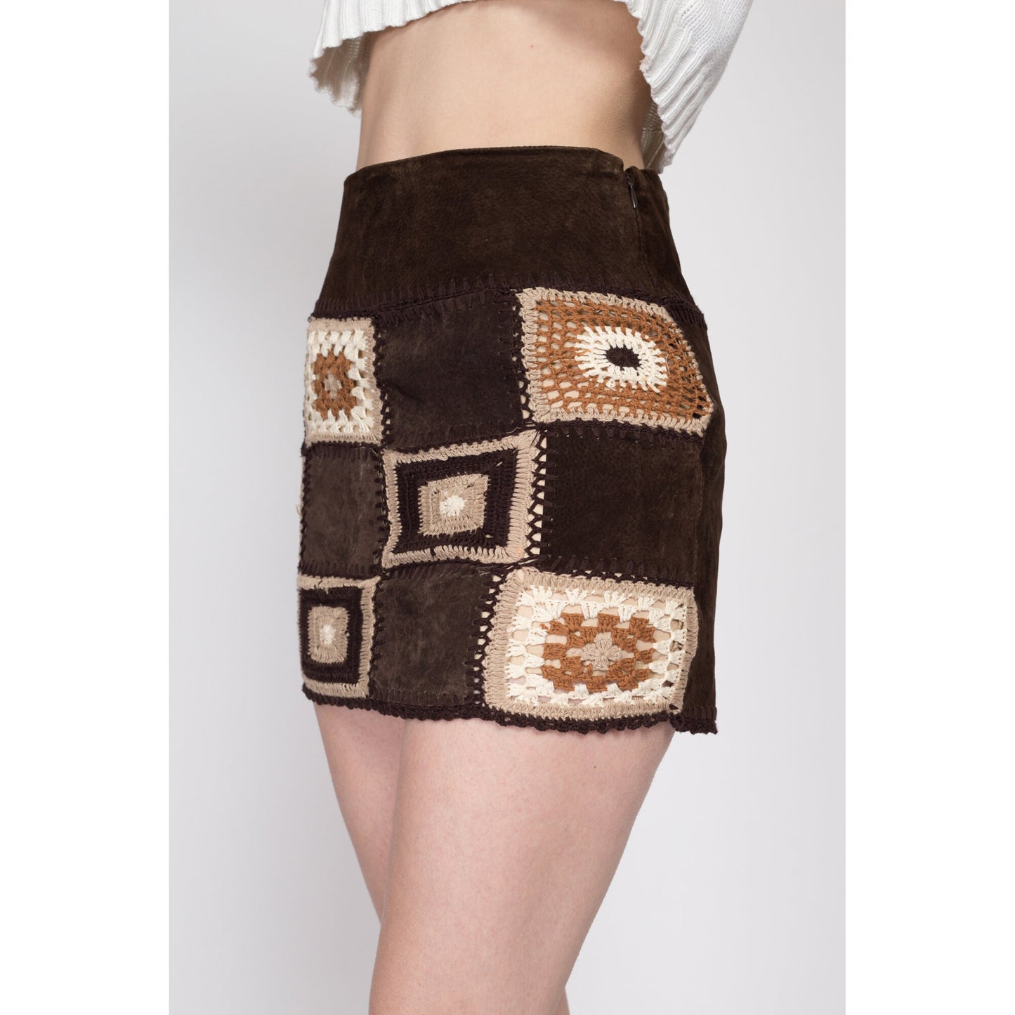 XS 90s Brown Suede Crochet Knit Mini Skirt | Vintage Mid Rise Boho Western Miniskirt