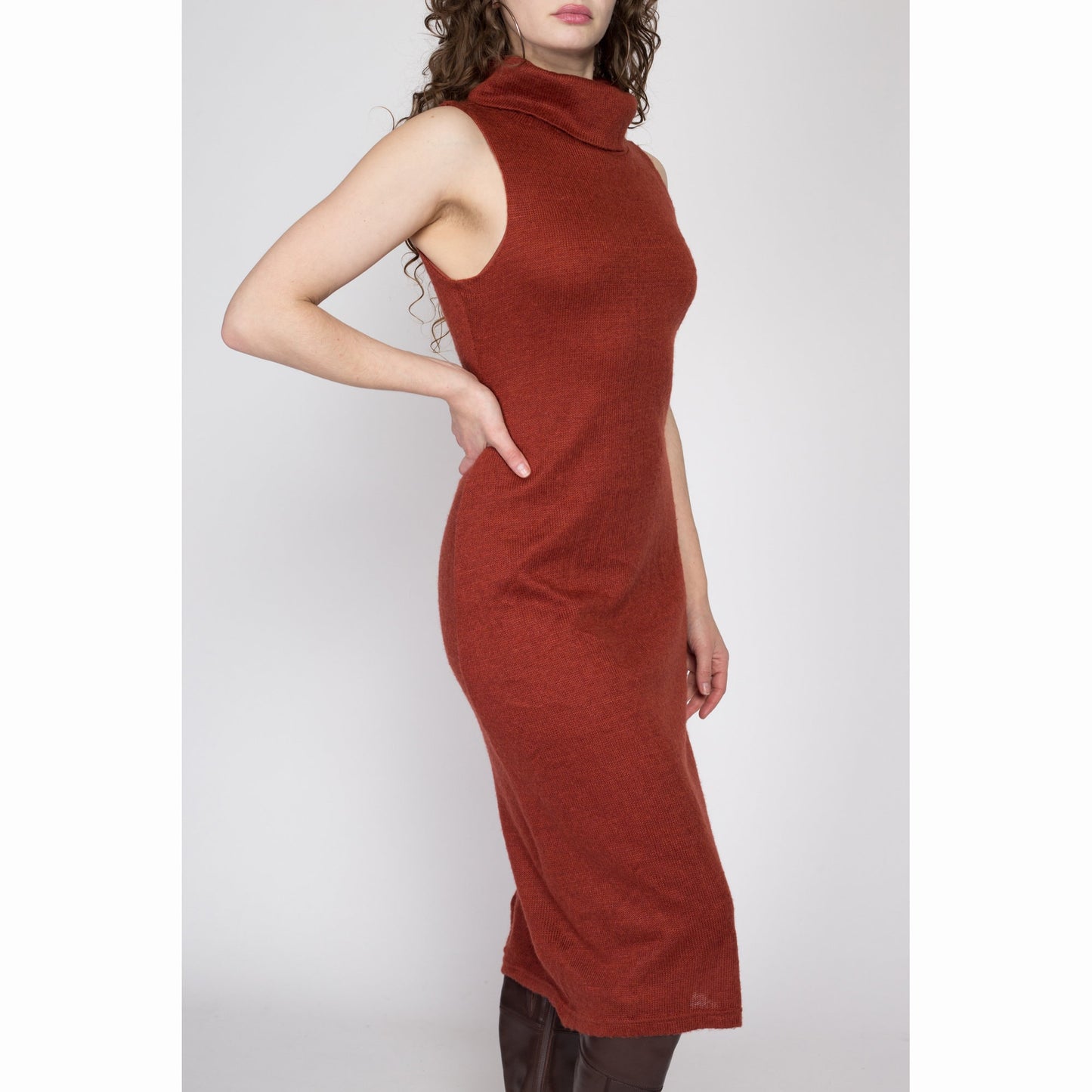 Medium 80s Burnt Orange Knit Turtleneck Sweater Dress | Vintage Sleeveless Collared Midi Dress