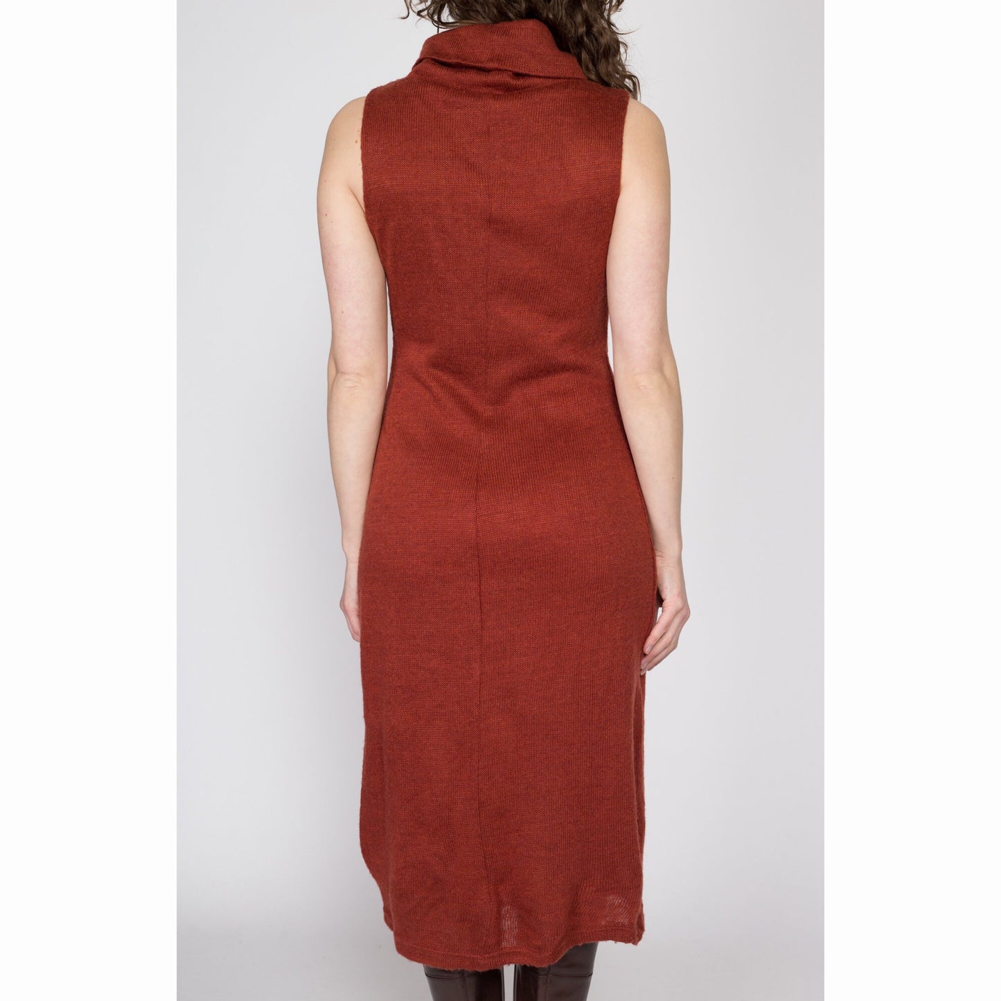 Medium 80s Burnt Orange Knit Turtleneck Sweater Dress | Vintage Sleeveless Collared Midi Dress