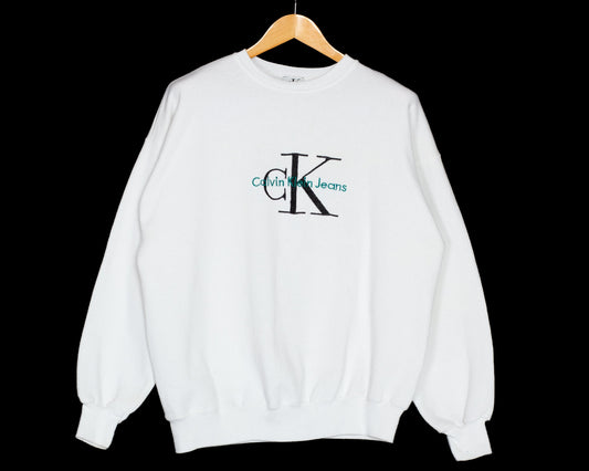Large 90s Calvin Klein Jeans White Sweatshirt | Vintage Embroidered Logo Graphic Crewneck