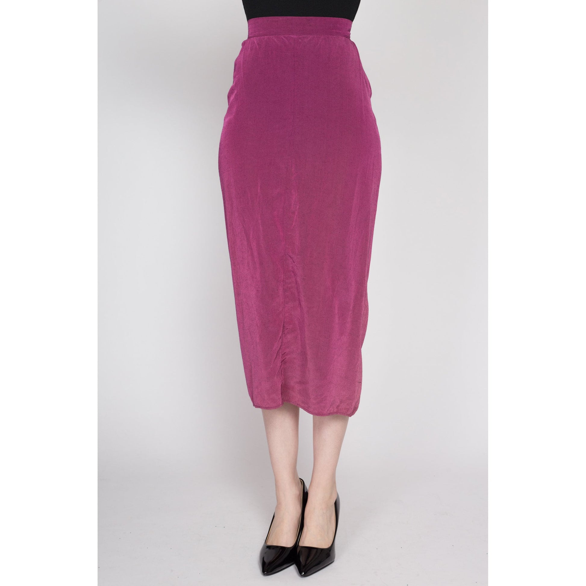 XS 80s Fuchsia Midi Bustle Skirt 24.5" | Vintage High Waisted Purple Fitted Ruched Wiggle Skirt