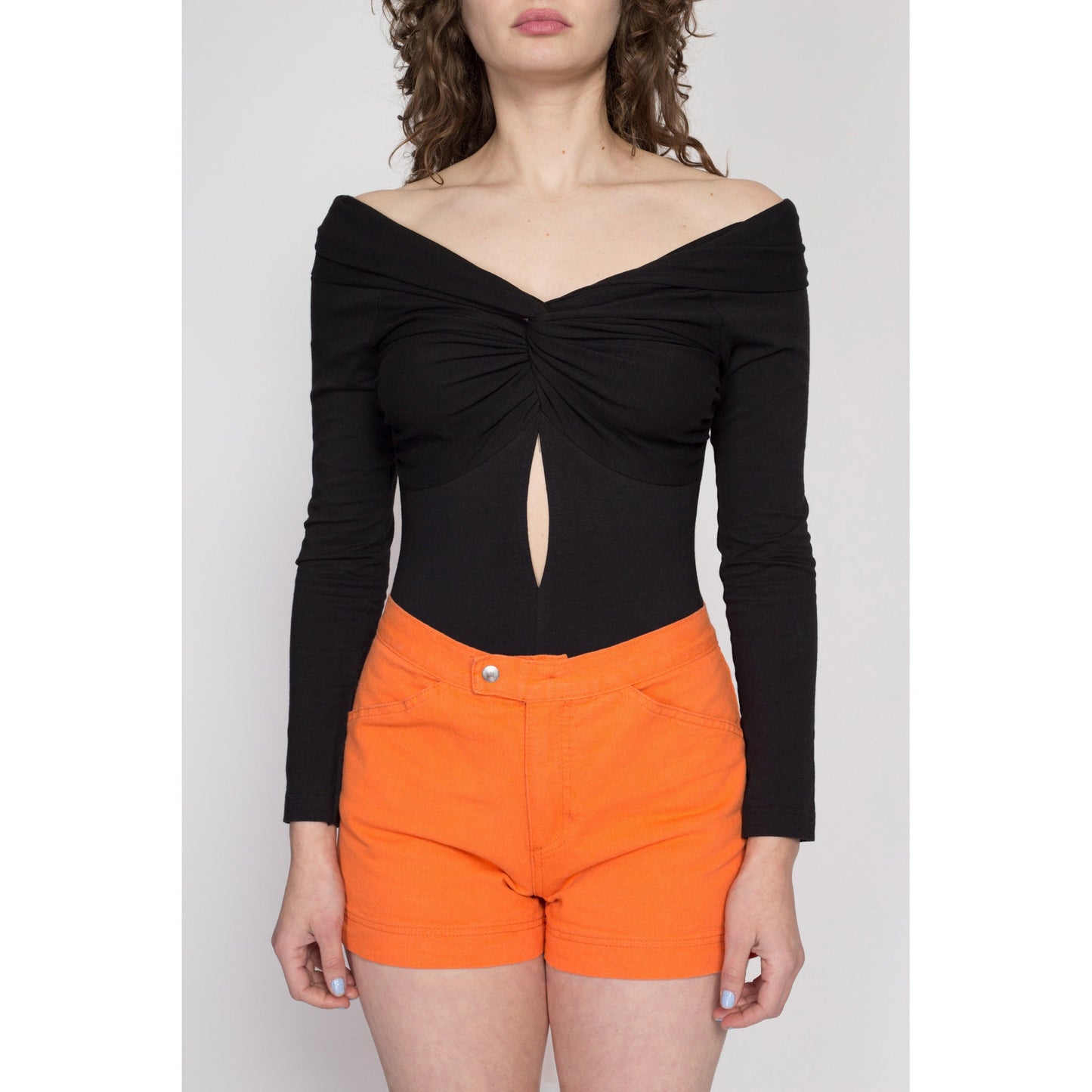 Sm-Med 90s Black Off-Shoulder Bodysuit Top NWT | Vintage Keyhole Long Sleeve One Piece