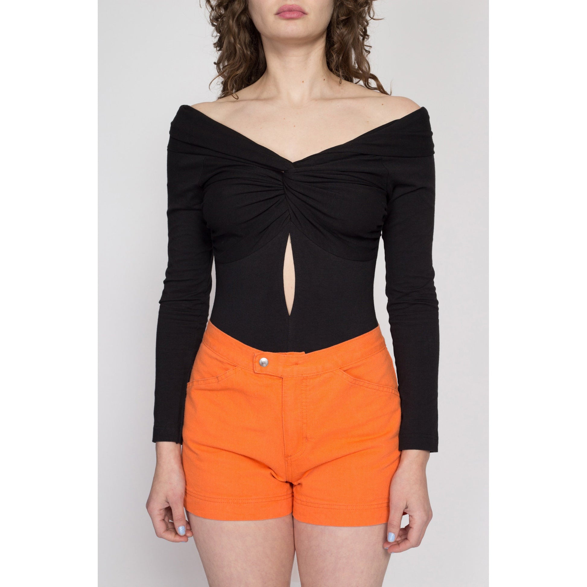 Sm-Med 90s Black Off-Shoulder Bodysuit Top NWT | Vintage Keyhole Long Sleeve One Piece