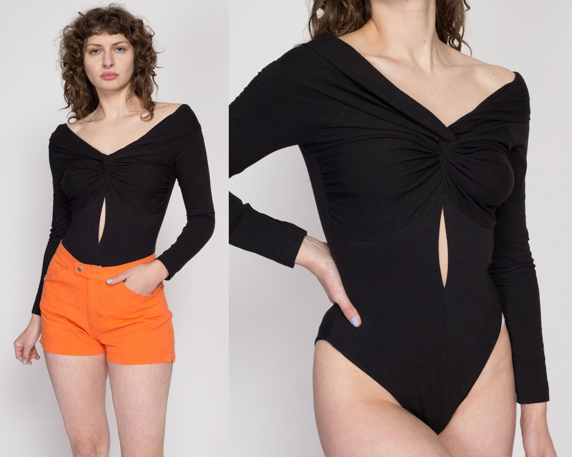 Sm-Med 90s Black Off-Shoulder Bodysuit Top NWT | Vintage Keyhole Long Sleeve One Piece