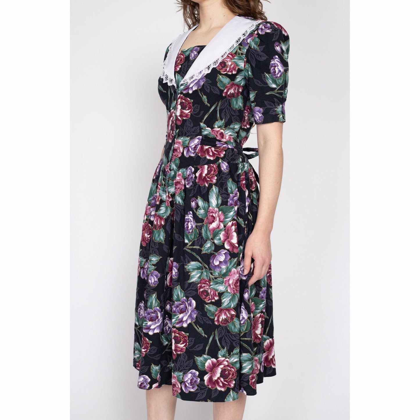 Medium 80s Black Floral Sailor Collar Fit & Flare Dress | Vintage Boho Fitted Waist Puff Sleeve Midi Dress