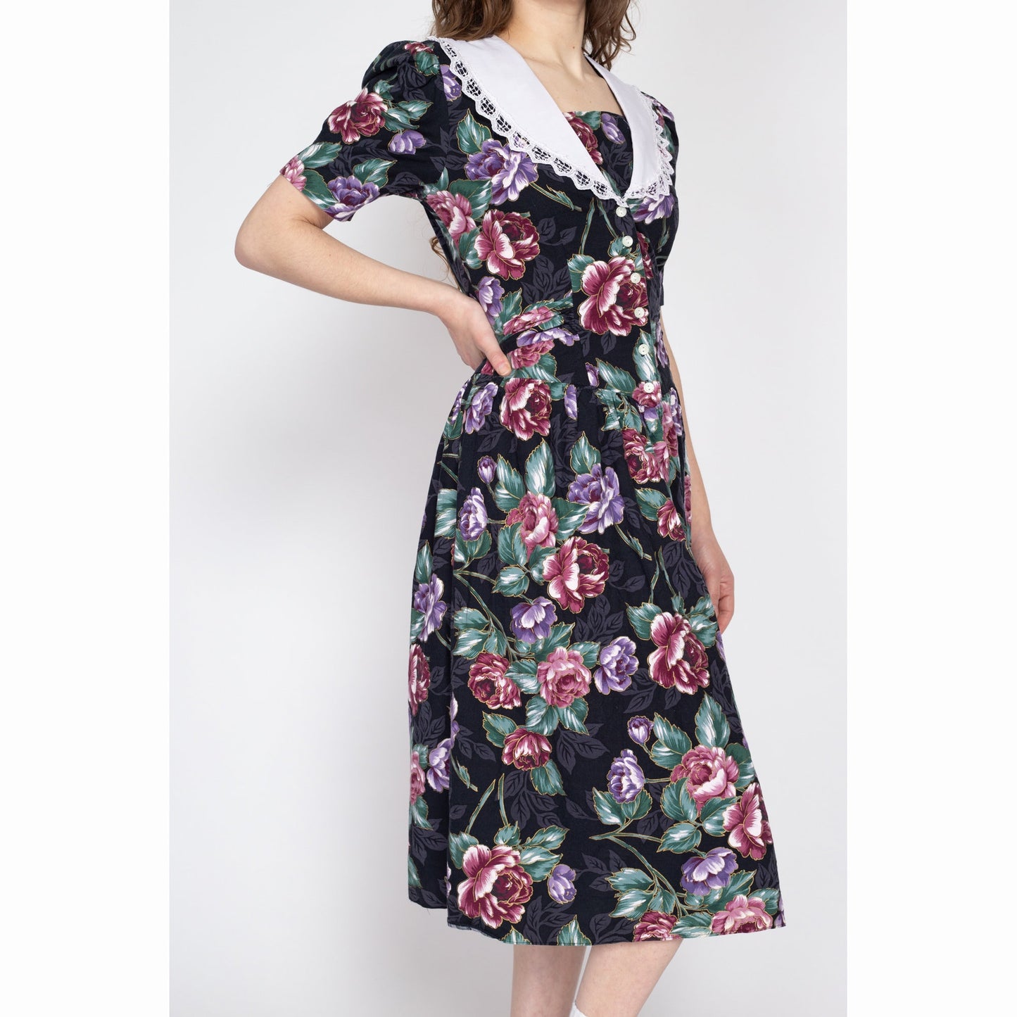Medium 80s Black Floral Sailor Collar Fit & Flare Dress | Vintage Boho Fitted Waist Puff Sleeve Midi Dress