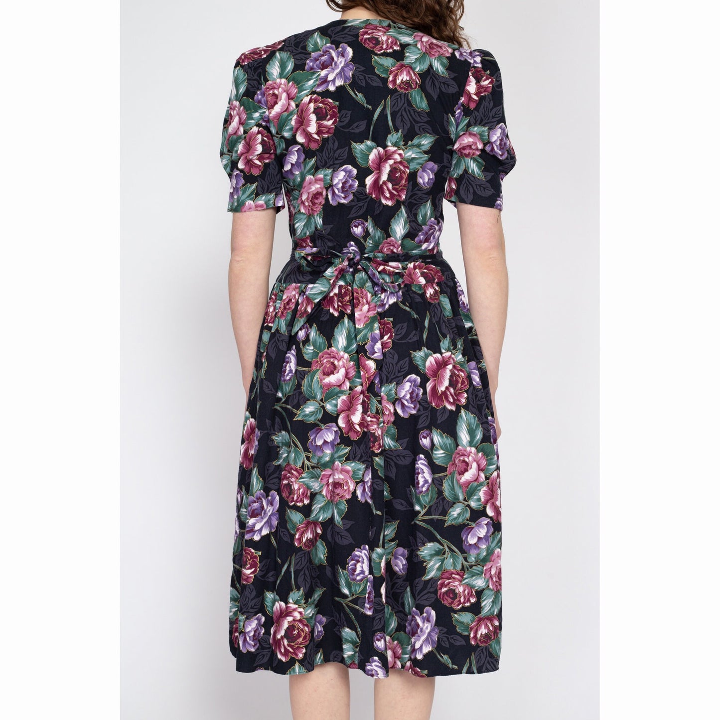 Medium 80s Black Floral Sailor Collar Fit & Flare Dress | Vintage Boho Fitted Waist Puff Sleeve Midi Dress