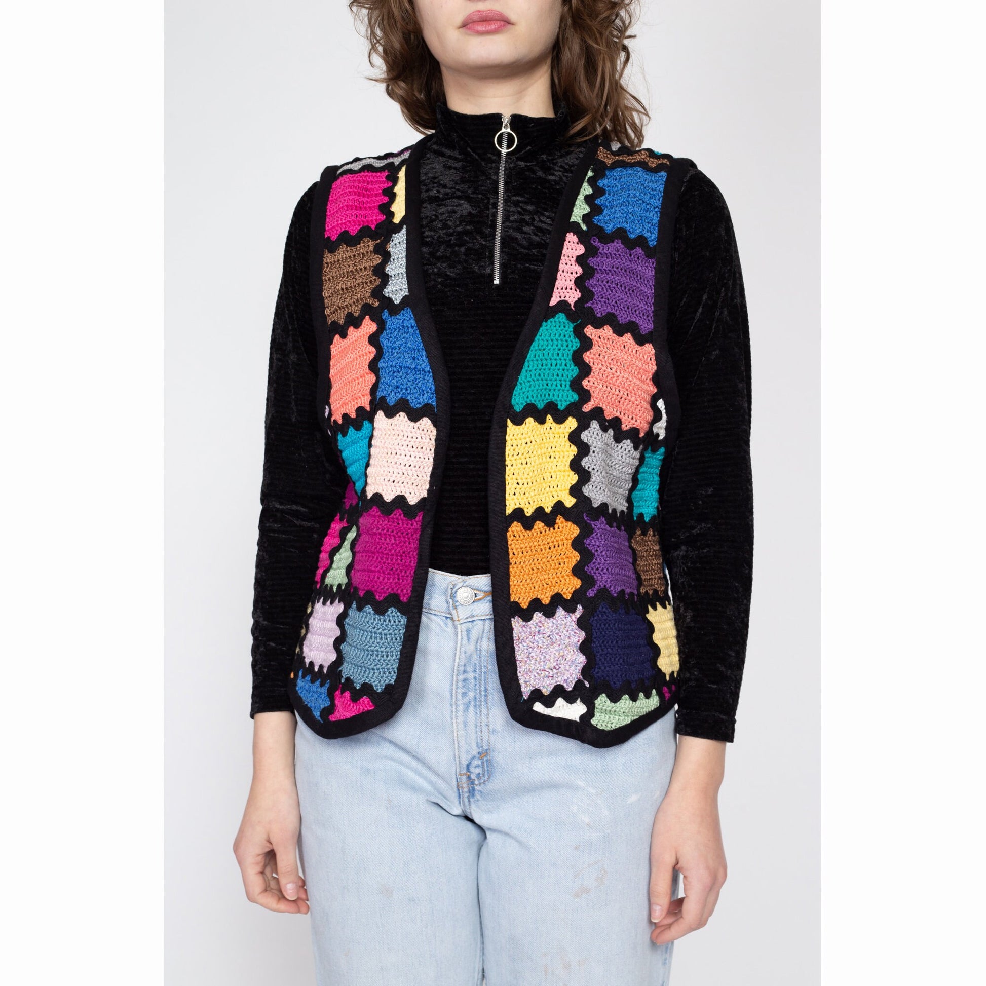 Large 80s Colorful Reversible Patchwork Knit Vest | Vintage Granny Square Boho Open Fit Sleeveless Top