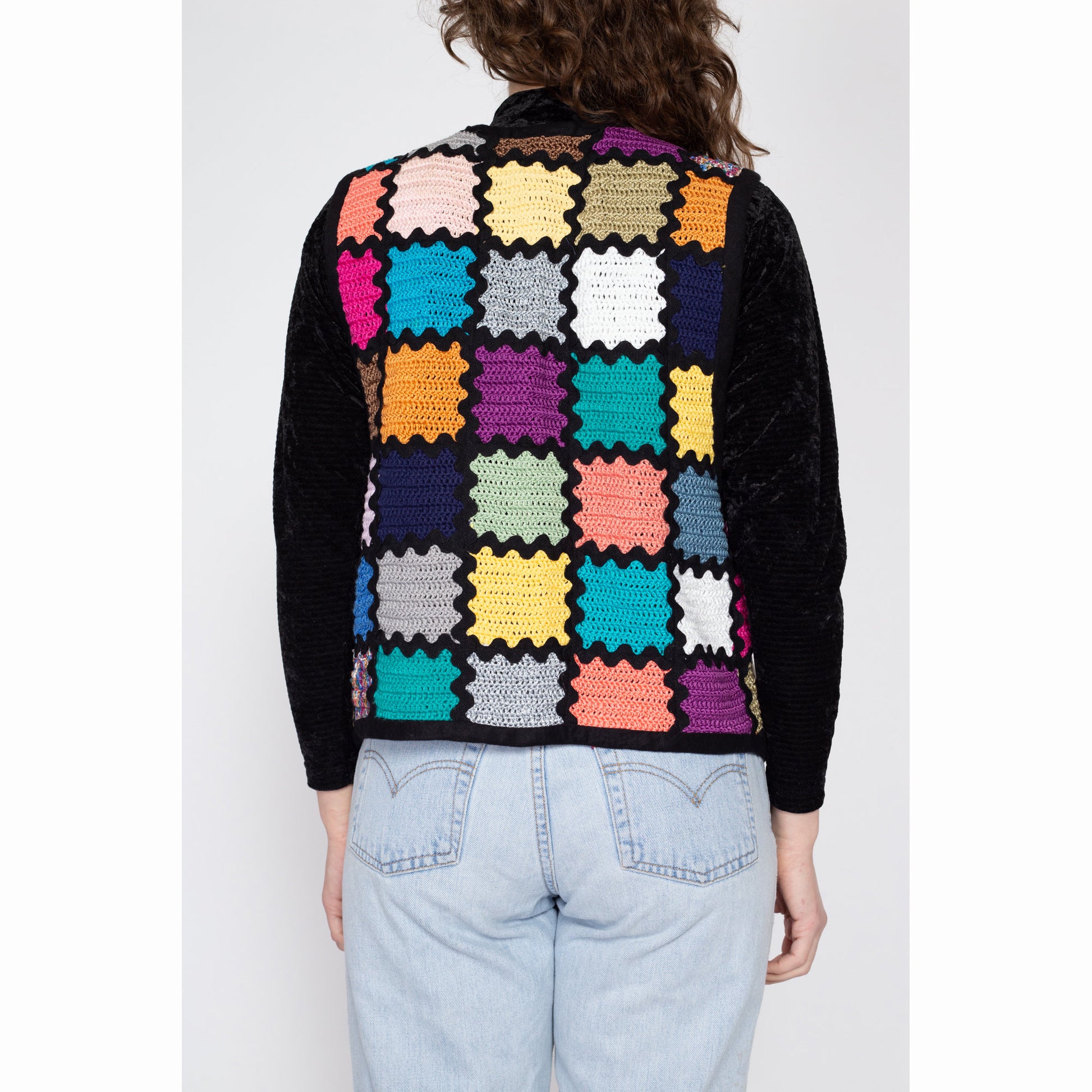 Large 80s Colorful Reversible Patchwork Knit Vest | Vintage Granny Square Boho Open Fit Sleeveless Top