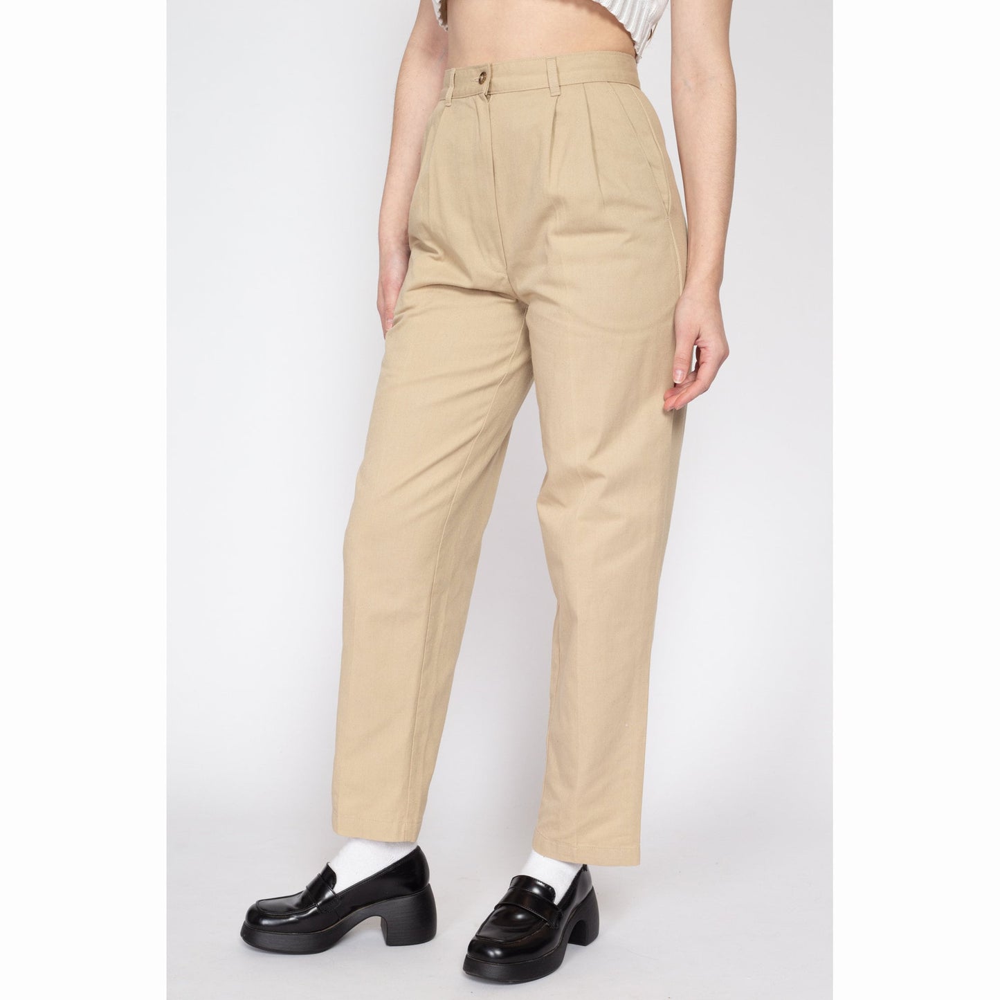 Small 80s Khaki High Waisted Trousers 27" | Vintage Pleated Tapered Leg Mom Pants