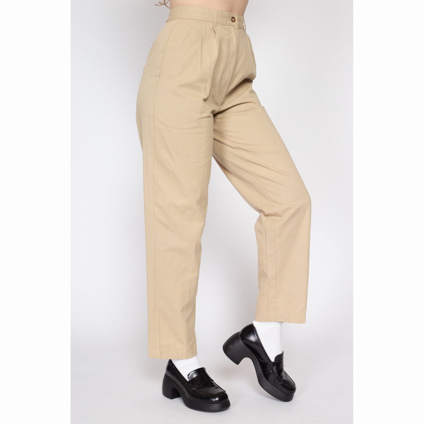 Small 80s Khaki High Waisted Trousers 27" | Vintage Pleated Tapered Leg Mom Pants