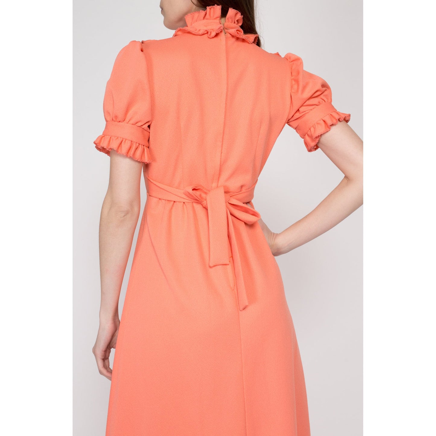 XS 70s Peach Prairie Puff Sleeve Maxi Dress | Boho Vintage Orange A Line Cottagecore Ruffle Trim Hippie Gown