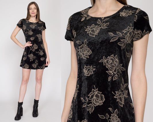 Sm-Med 90s Black Velvet Floral Mini Dress | Vintage Grunge Short Sleeve A Line Little Black Dress