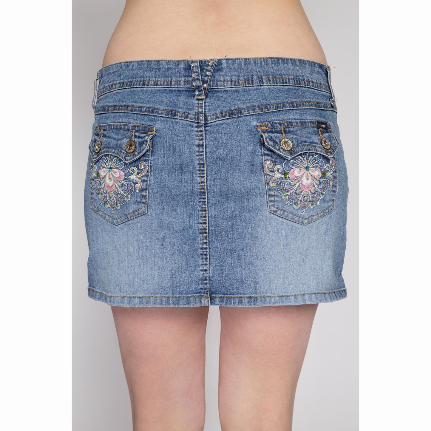 Medium 90s Y2K Bejeweled Denim Mini Skirt | Vintage Low Waist Embroidered Pocket Jean Skirt