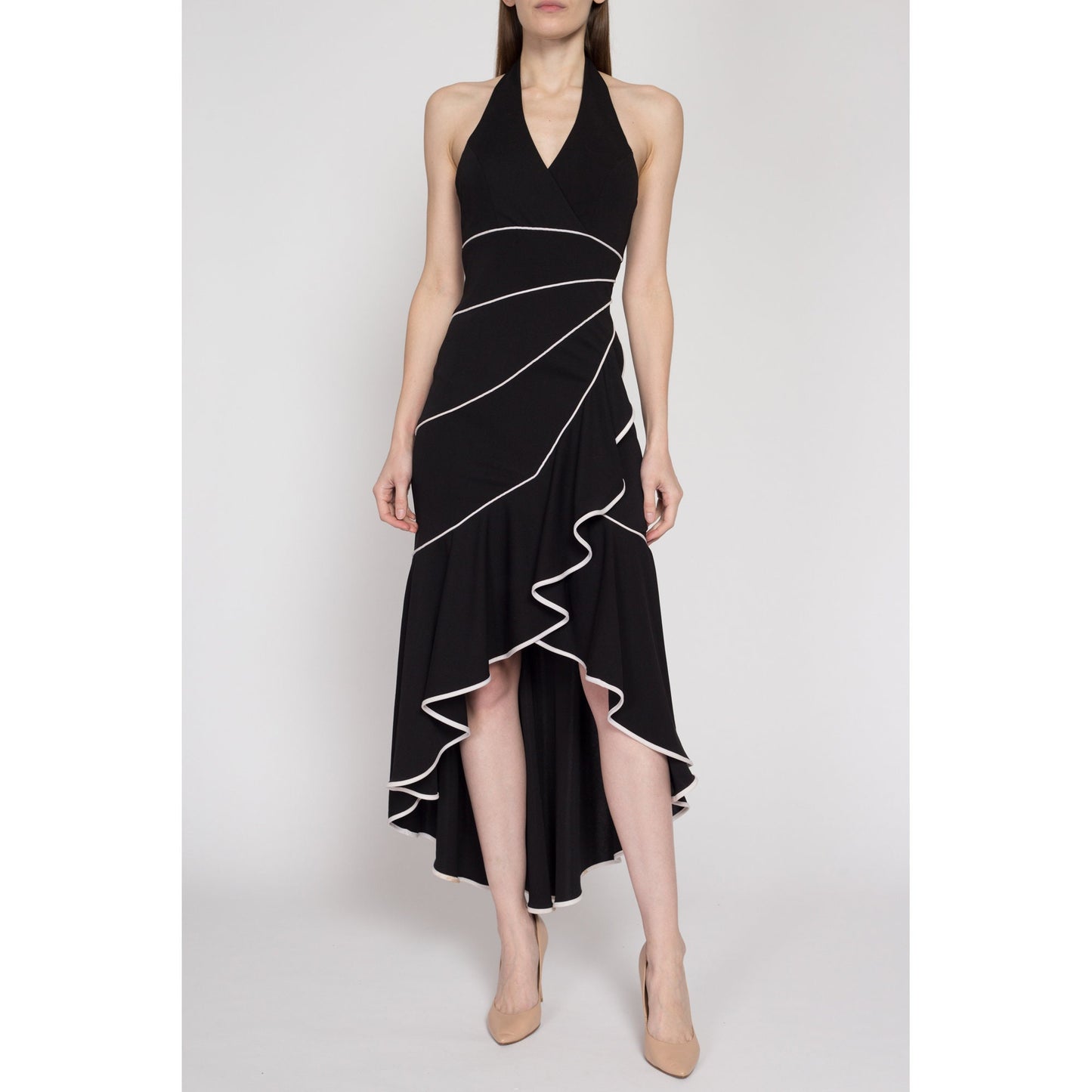 XS 90s Niki Livas Black & White Halter High-Low Party Dress | Vintage Ruffle Trumpet Hem Sleeveless Maxi Cocktail Evening Gown