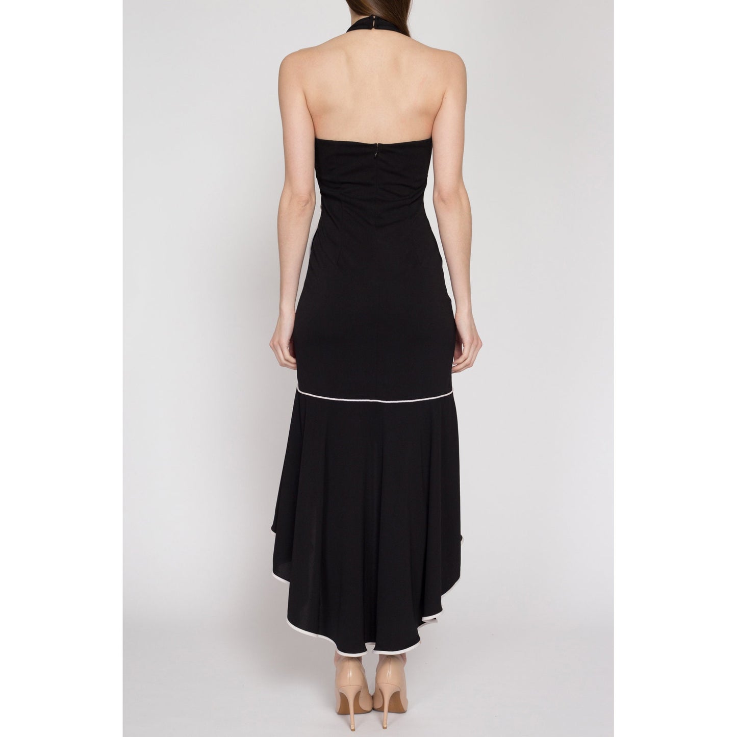 XS 90s Niki Livas Black & White Halter High-Low Party Dress | Vintage Ruffle Trumpet Hem Sleeveless Maxi Cocktail Evening Gown