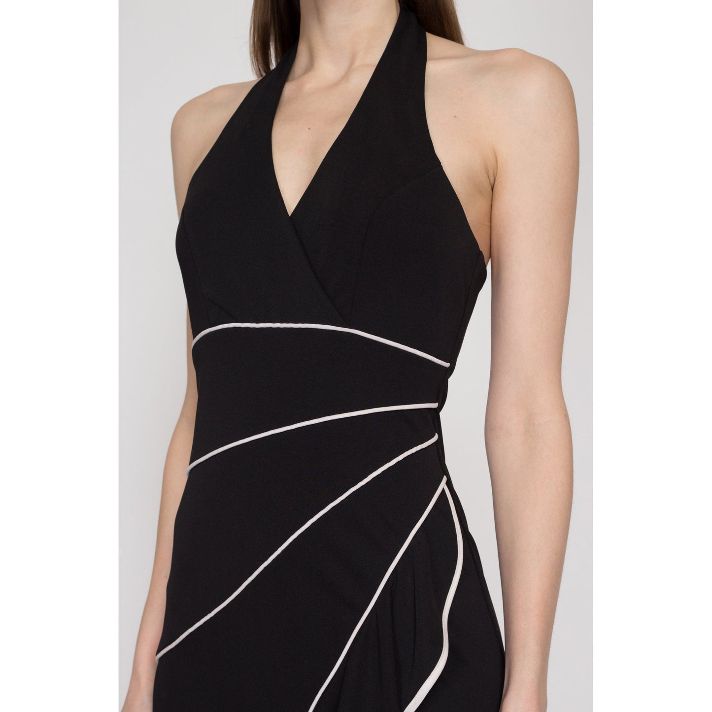 XS 90s Niki Livas Black & White Halter High-Low Party Dress | Vintage Ruffle Trumpet Hem Sleeveless Maxi Cocktail Evening Gown