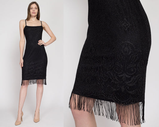 Small Y2K Black Crochet Fringe Party Dress | Vintage Metallic Knit Bodycon Flapper Mini Dress