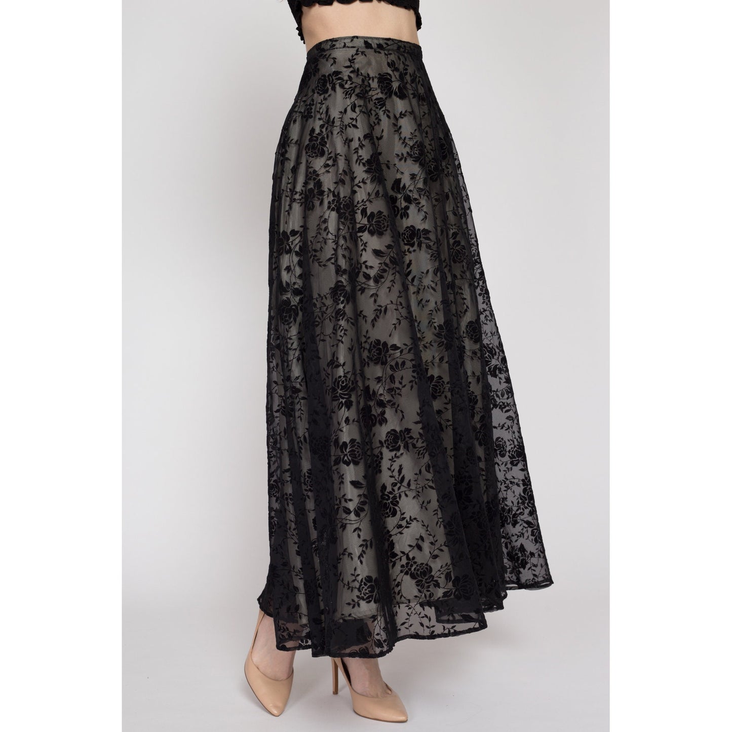 XS 90s Formal Black Flocked Taffeta Maxi Skirt | Vintage Velvet Damask Floor Length High Waisted Flowy Full Skirt