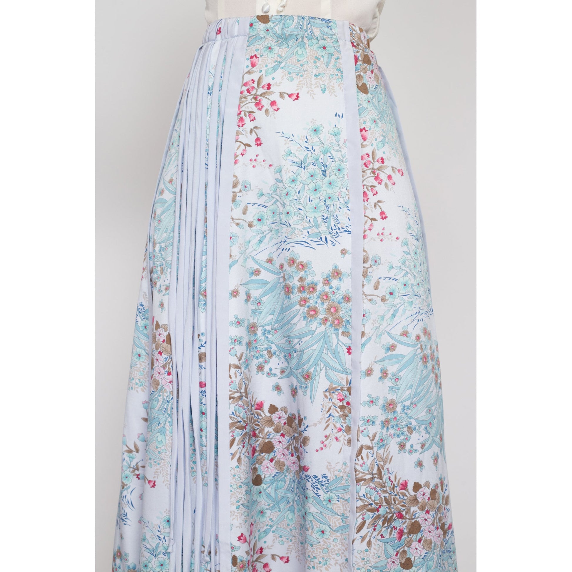 Med-Lrg 70s Chessa Davis Boho Blue Floral Tassel Maxi Skirt | Vintage A Line High Waisted Hippie Peddler Skirt