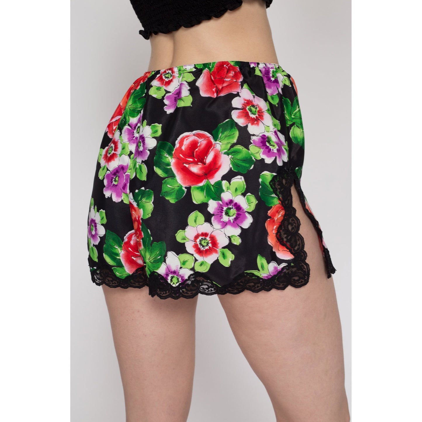 Small 90s Victoria's Secret Floral Satin Loungewear Sleep Shorts | Vintage Boho Black Lace Trim Lingerie Mini Pajama Shorts