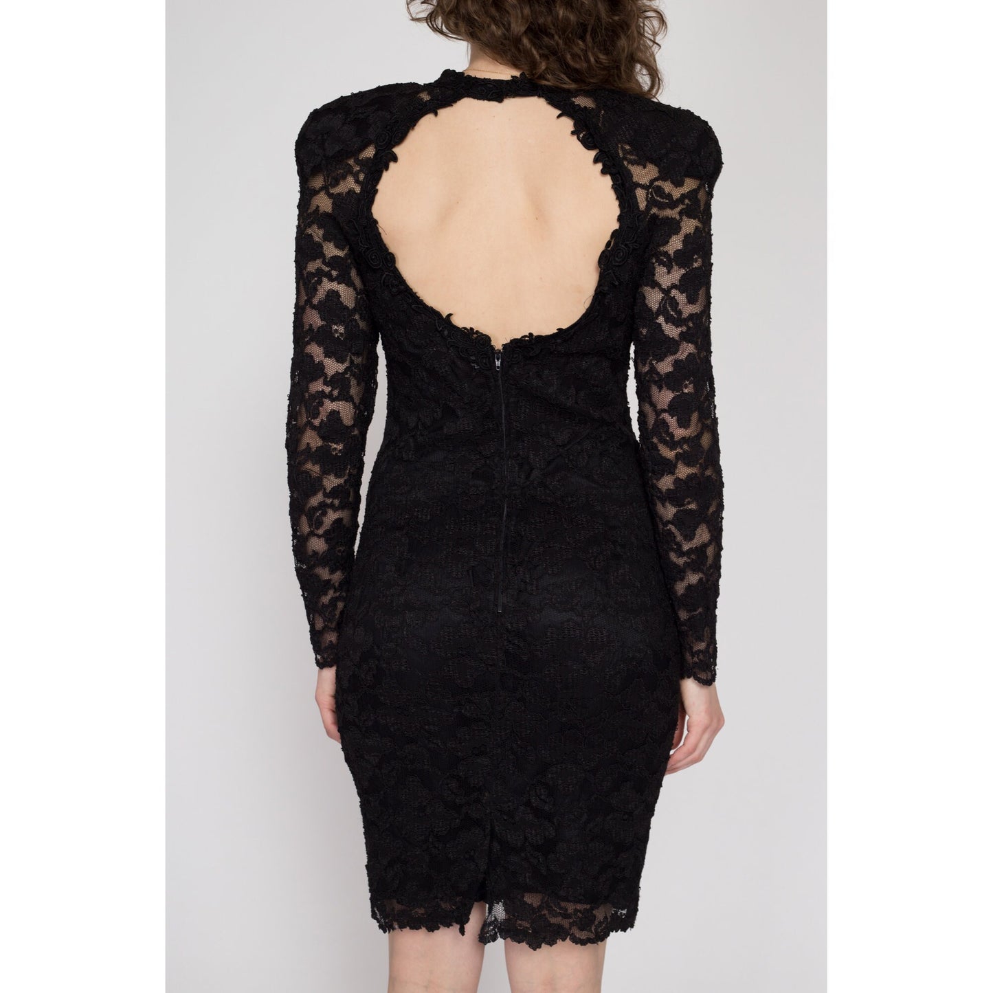Medium 80s Black Lace Choker Party Dress | Vintage Keyhole Back Sexy Fitted Mini Cocktail Dress