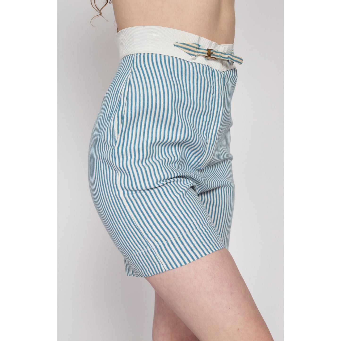 Sm-Med 50s 60s Blue & White Striped Summer Shorts, As Is | Retro Vintage High Waisted Athletic Swim Shorts