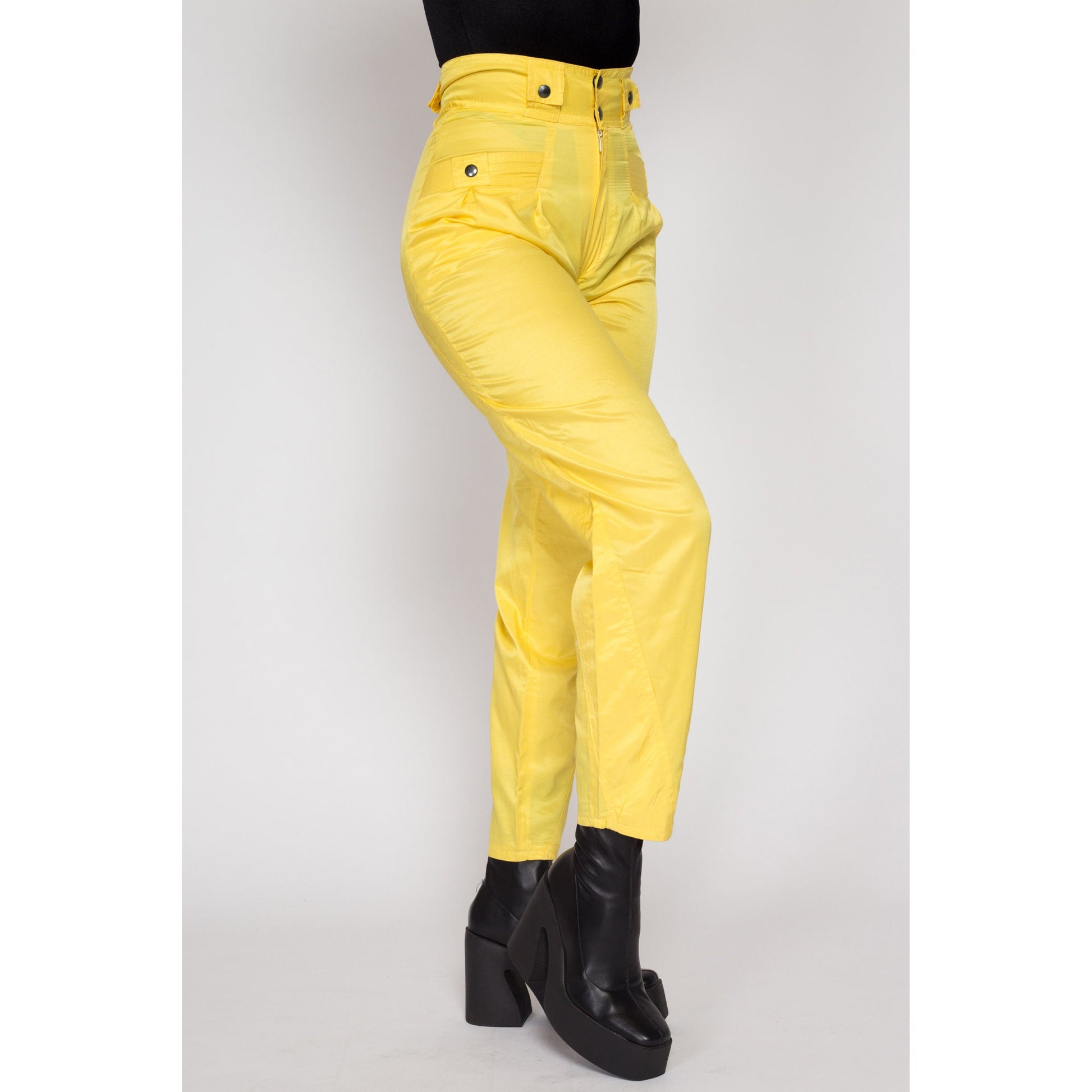 Small 80s Yellow Streetwear Windbreaker Pants 27" | Vintage High Waisted Nylon Trousers