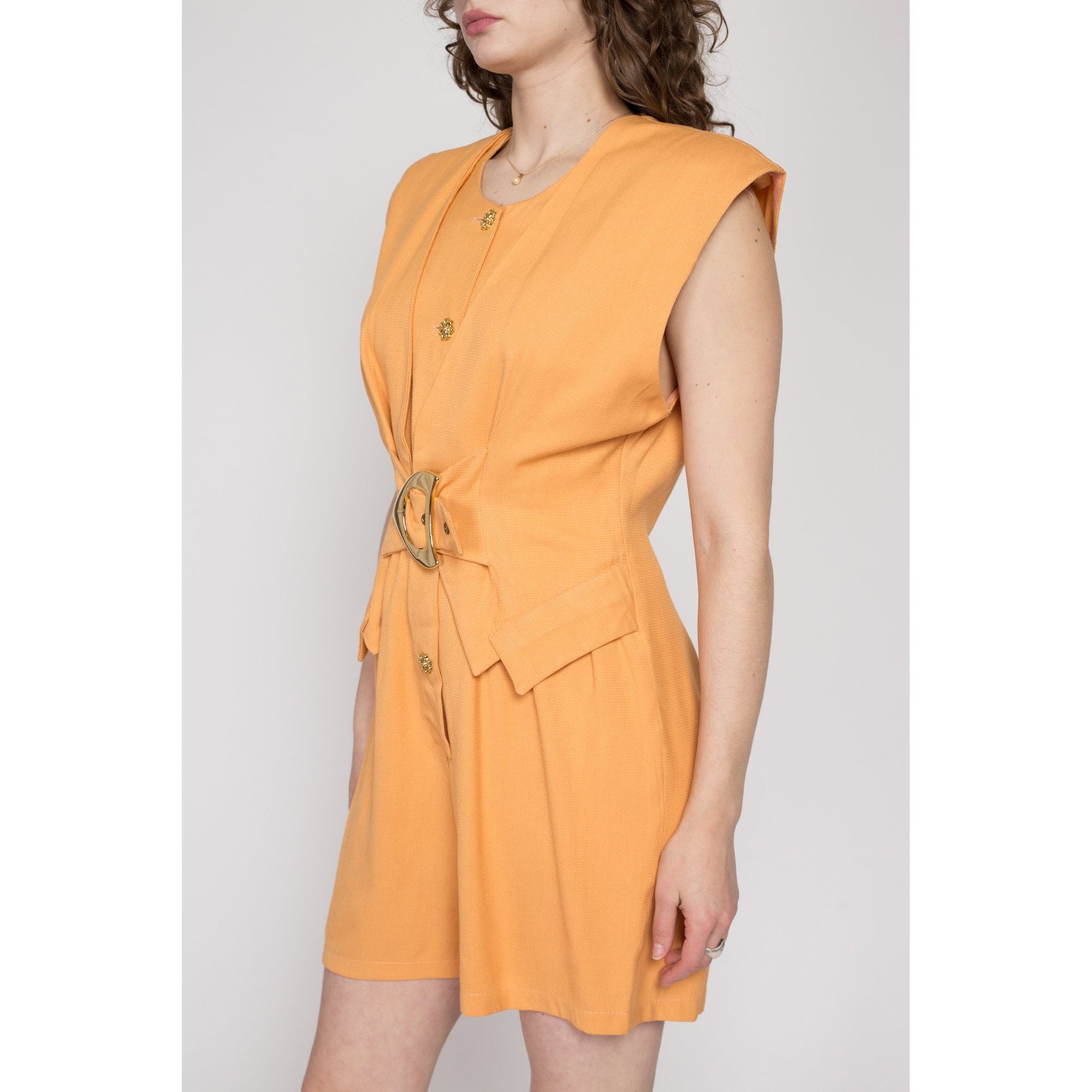 Large Y2K Orange Sherbet Cinched Waist Romper | Vintage Sleeveless Button Front Short One Piece Outfit