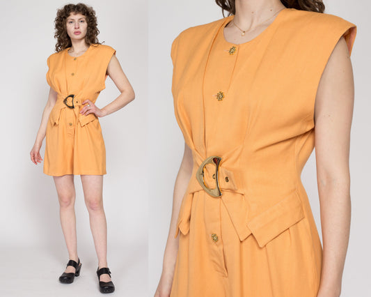 Large Y2K Orange Sherbet Cinched Waist Romper | Vintage Sleeveless Button Front Short One Piece Outfit