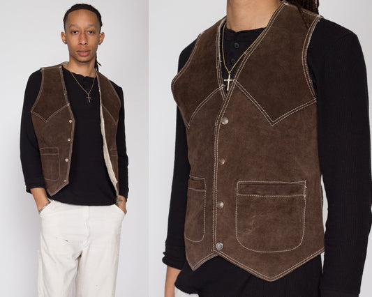 XS 70s Dark Brown Suede Sherpa Vest | Vintage Made In Mexico Western Leather Shearling Lined Vest
