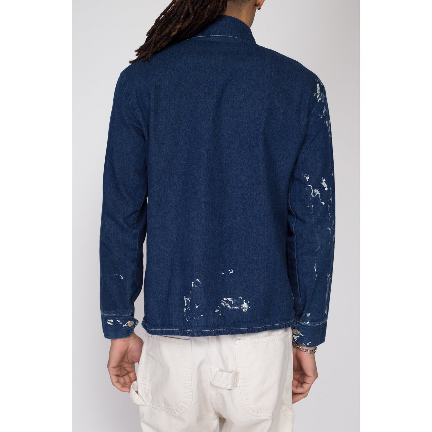 Sm-Med 80s Pointer Brand Denim Chore Coat | Vintage Paint Splatter Distressed Workwear Jean Jacket