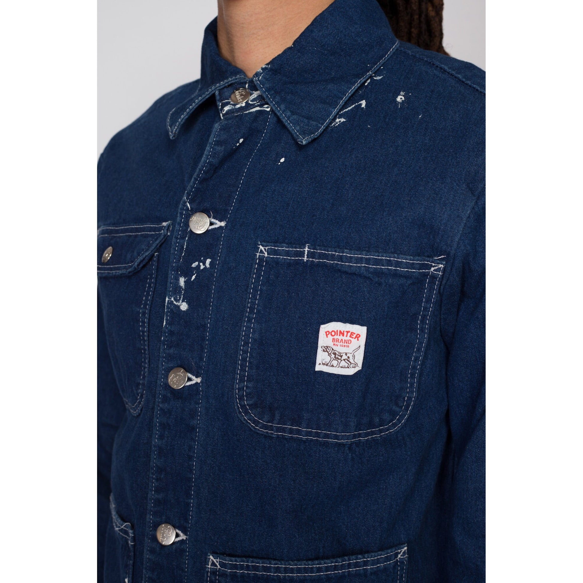 Sm-Med 80s Pointer Brand Denim Chore Coat | Vintage Paint Splatter Distressed Workwear Jean Jacket