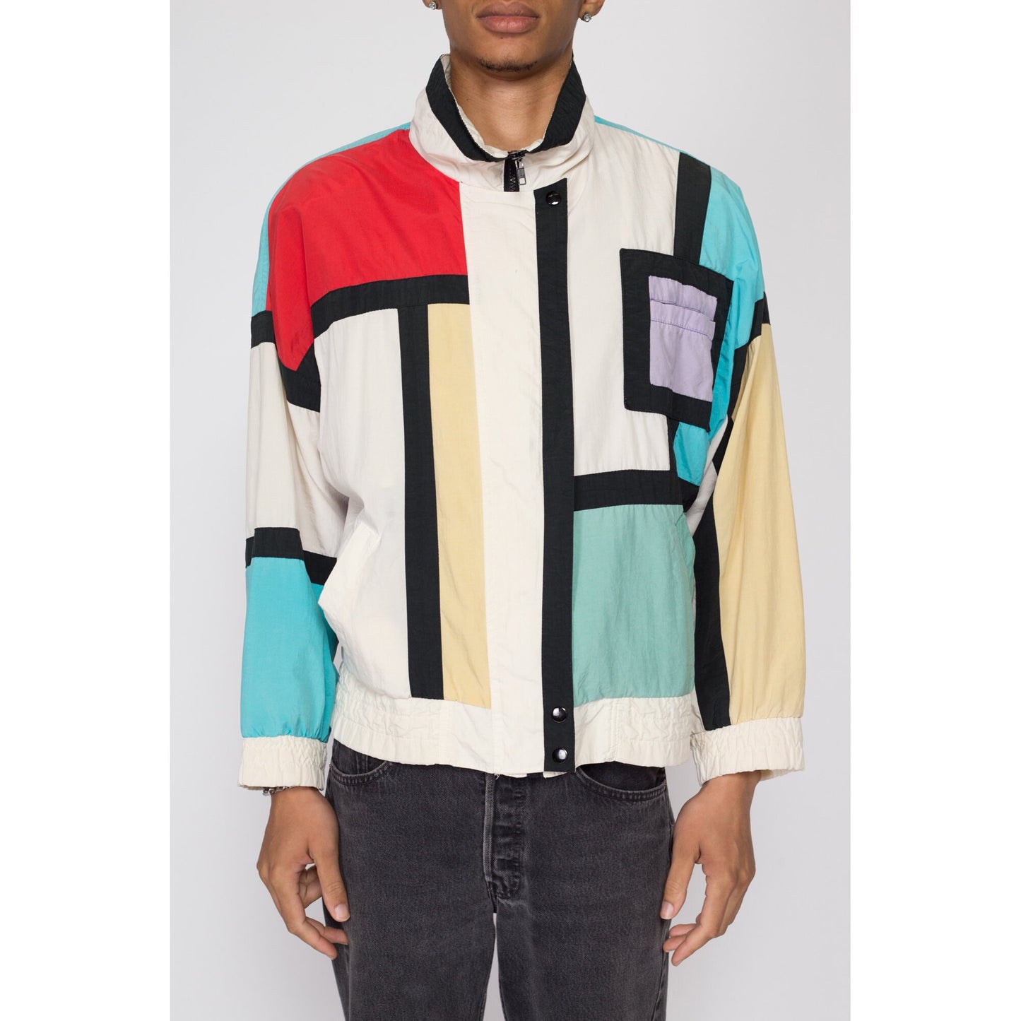 Medium 80s Mondrian Color Block Windbreaker | Retro Vintage Colorful Zip Up Jacket