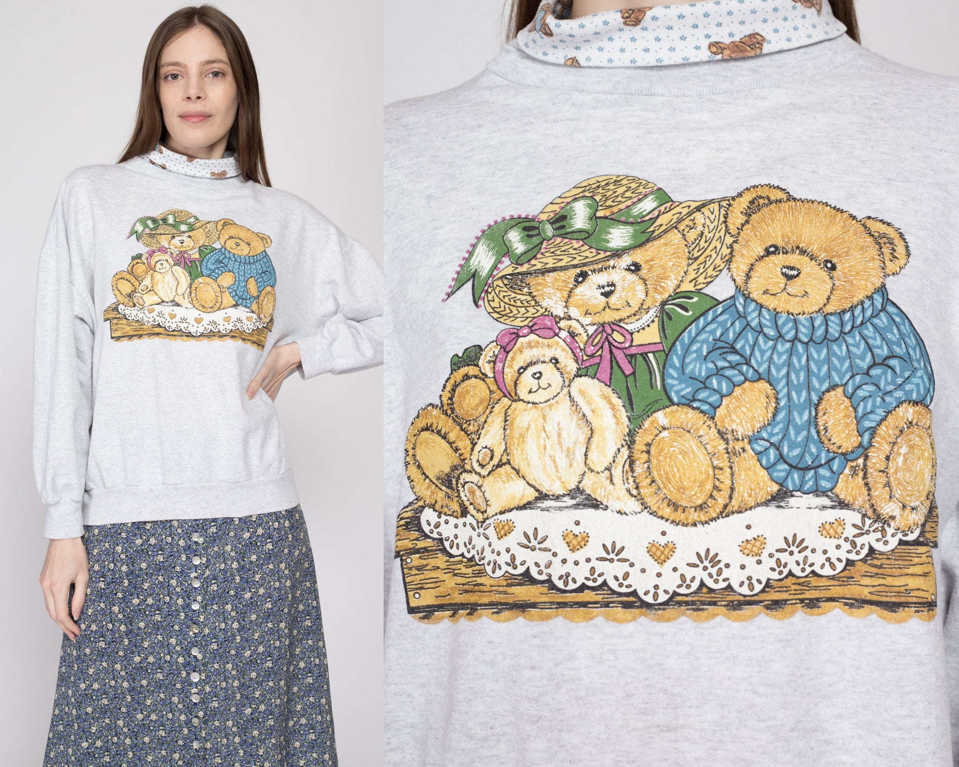 XL 90s Teddy Bear Family Turtleneck Sweatshirt | Vintage Cute Animal Graphic Collared Grandma Pullover