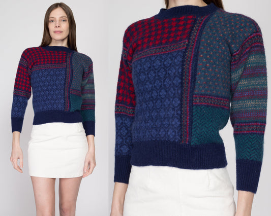 XXS 70s Scottish Fair Isle Shetland Wool Cropped Sweater | Vintage Blue Red Color Block Knit Pullover Jumper