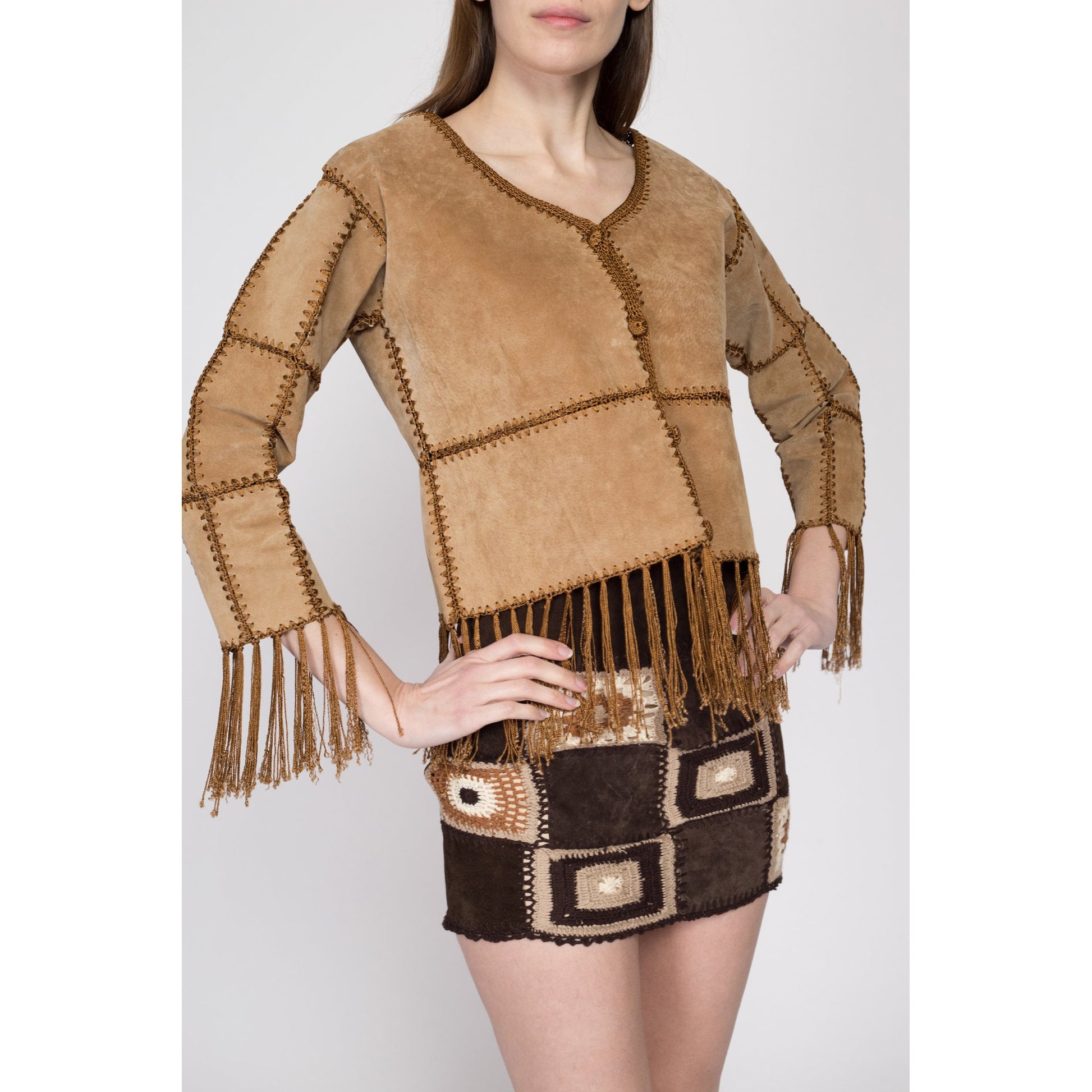 Small 90s Suede Knit Patchwork Fringe Top | Vintage Kroshetta By Papillon Boho Hippie Leather Jacket