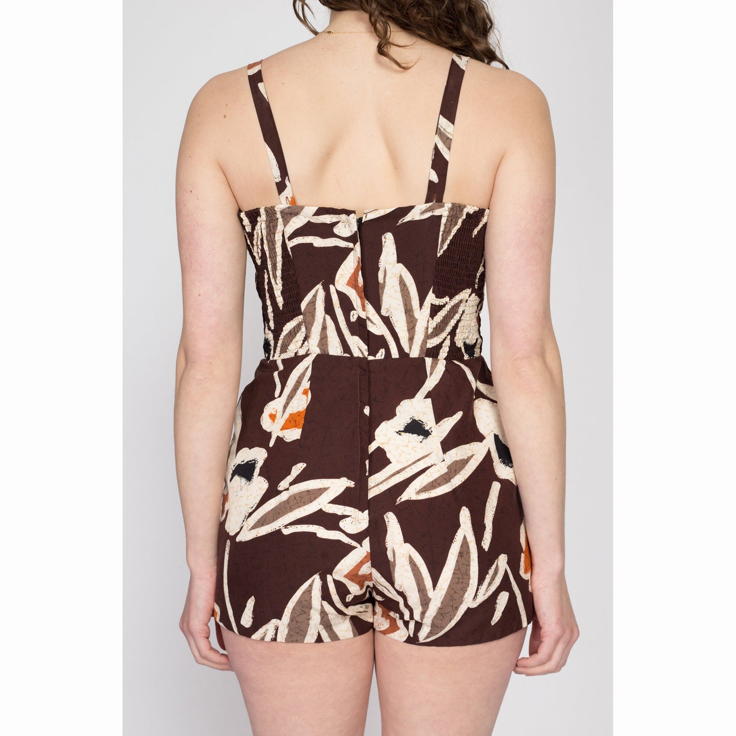 Medium 60s Hawaiian Batik One Piece Swimsuit | Vintage Brown Tropical Floral Pin Up Bathing Suit