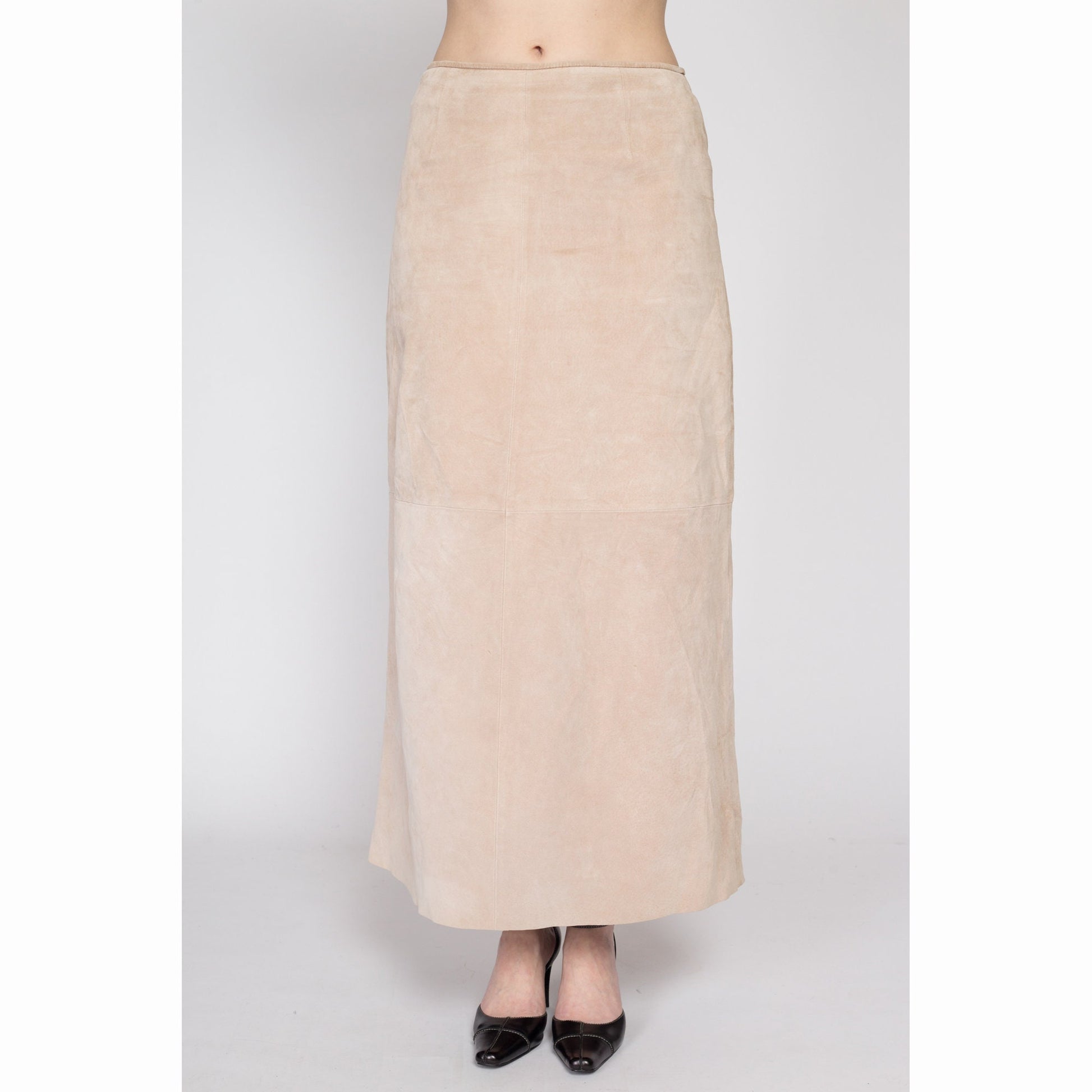 Medium 90s Tan Suede Maxi Skirt 29" | Vintage Boho Leather High Waisted Minimalist Western Skirt