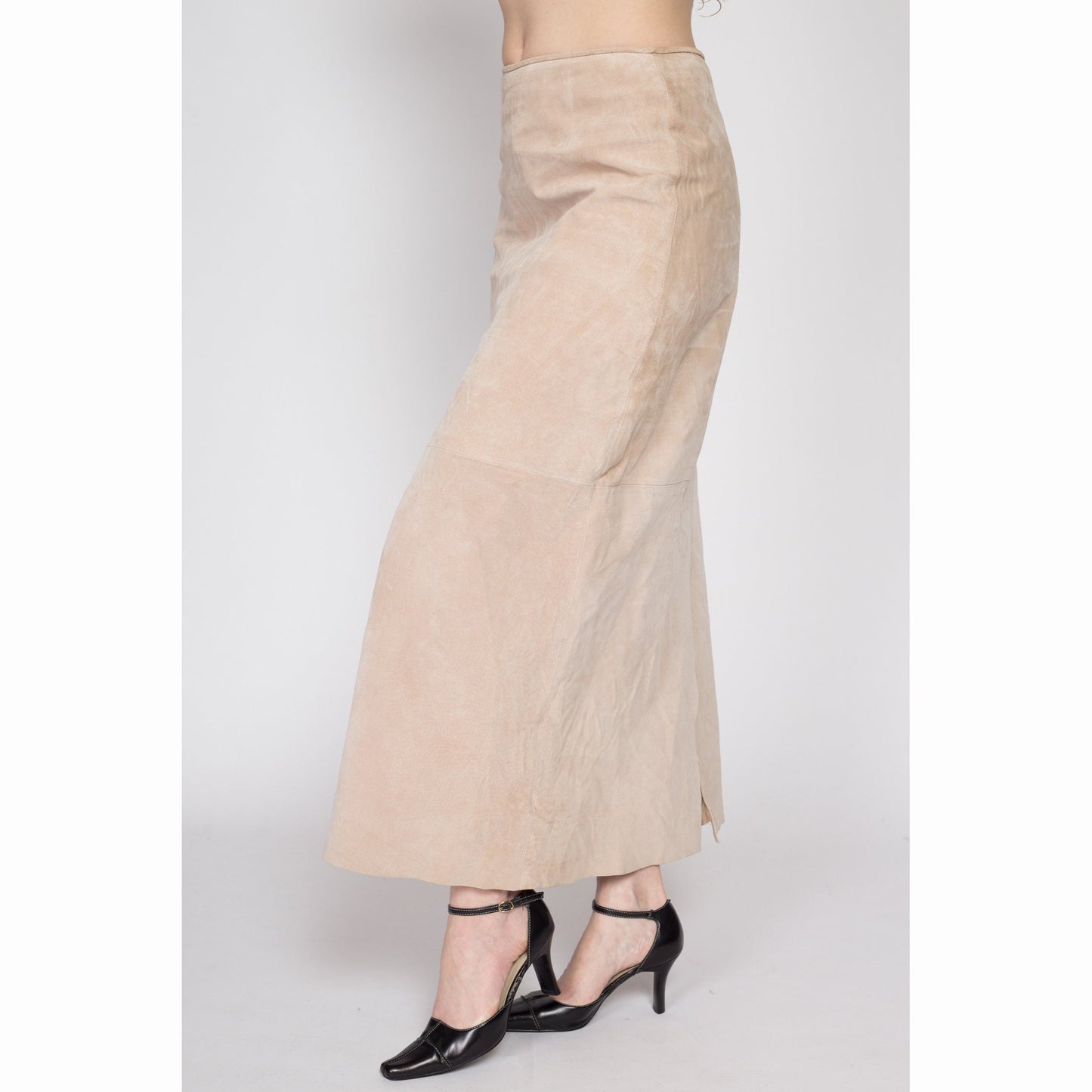 Medium 90s Tan Suede Maxi Skirt 29" | Vintage Boho Leather High Waisted Minimalist Western Skirt