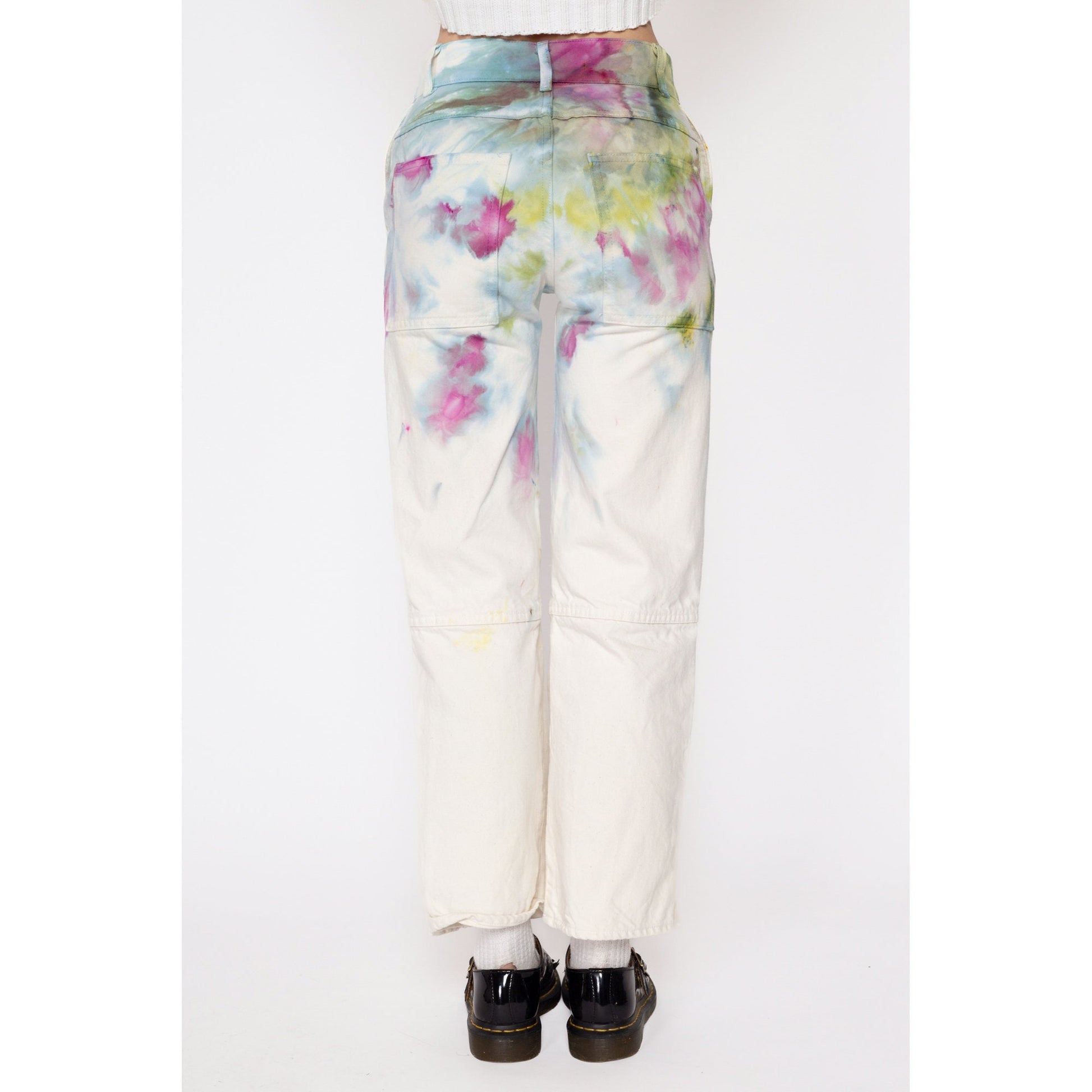 XS 90s Tie Dye White Denim Ankle Snap Jeans | Vintage Mid Rise Tapered Leg Streetwear Jeans