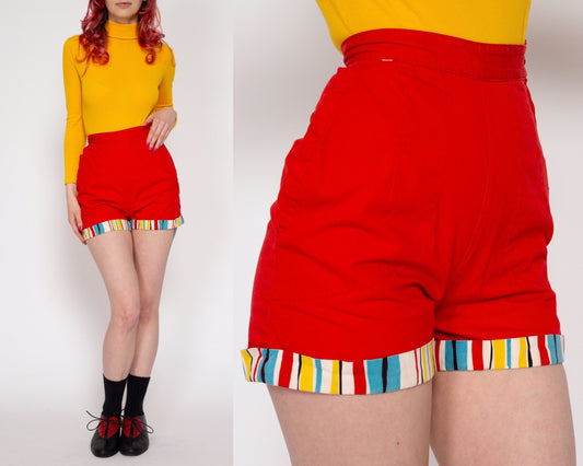 XXS 60s Red Striped Trim Rockabilly Shorts 21" | Retro Vintage High Waisted Pinup Shorts