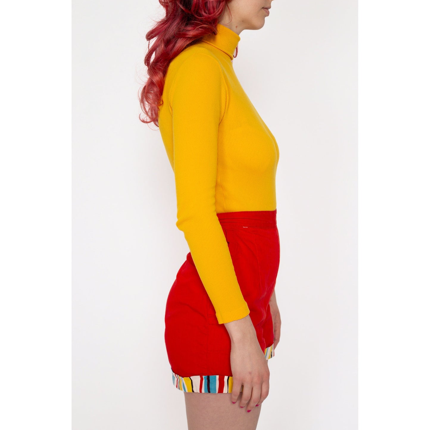 Petite XS 70s Yellow Turtleneck Bodysuit Top | Vintage Ribbed Long Sleeve Fitted Shirt