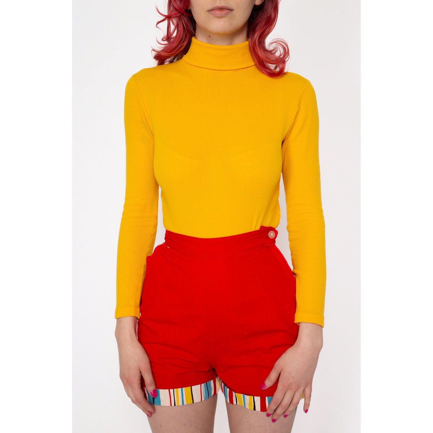 Petite XS 70s Yellow Turtleneck Bodysuit Top | Vintage Ribbed Long Sleeve Fitted Shirt