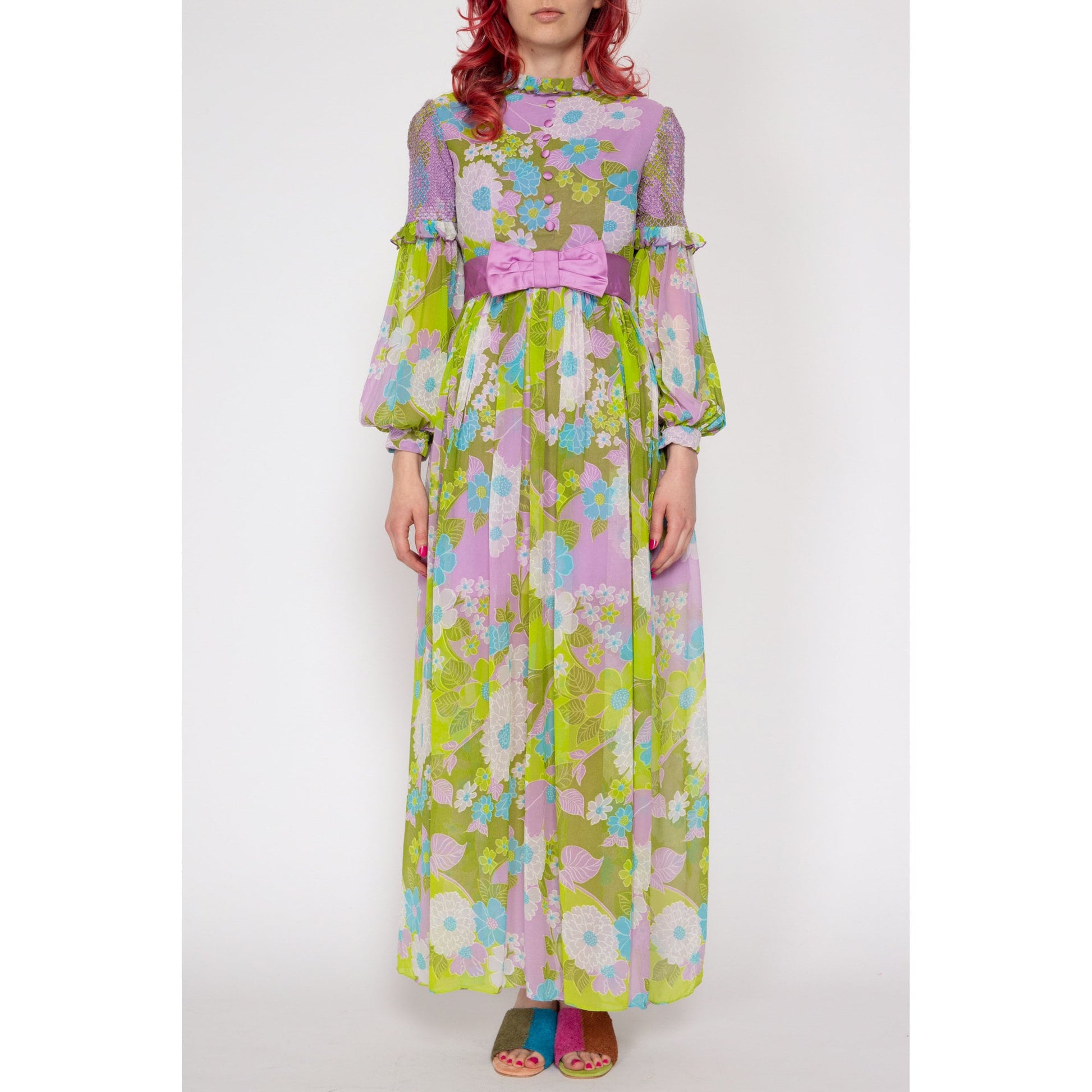 Petite XS 60s Boho Green & Lilac Floral Folk Maxi Dress | Vintage Renaissance Bishop Sleeve High Neck Hippie Gown