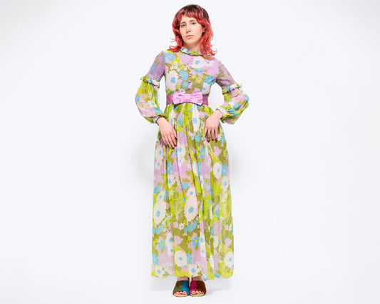 Petite XS 60s Boho Green & Lilac Floral Folk Maxi Dress | Vintage Renaissance Bishop Sleeve High Neck Hippie Gown