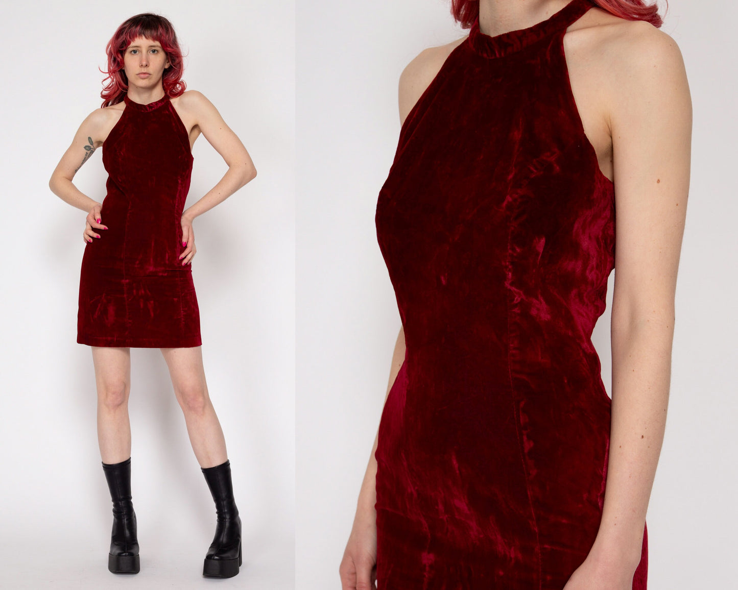 XS 90s Wine Red Velvet Racerback Mini Dress | Vintage Sleeveless A Line Party Dress