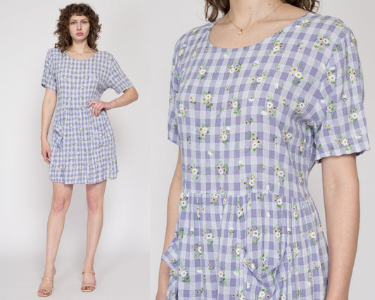 Large 90s Purple Gingham Floral Babydoll Dress | Vintage Boho Grunge Short Sleeve Tie Back Mini Sundress