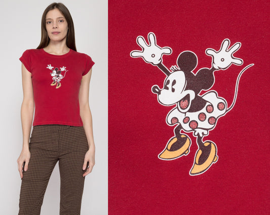 Small 90s Minnie Mouse Red Fitted Tee | Vintage Disney Cartoon Cropped T Shirt