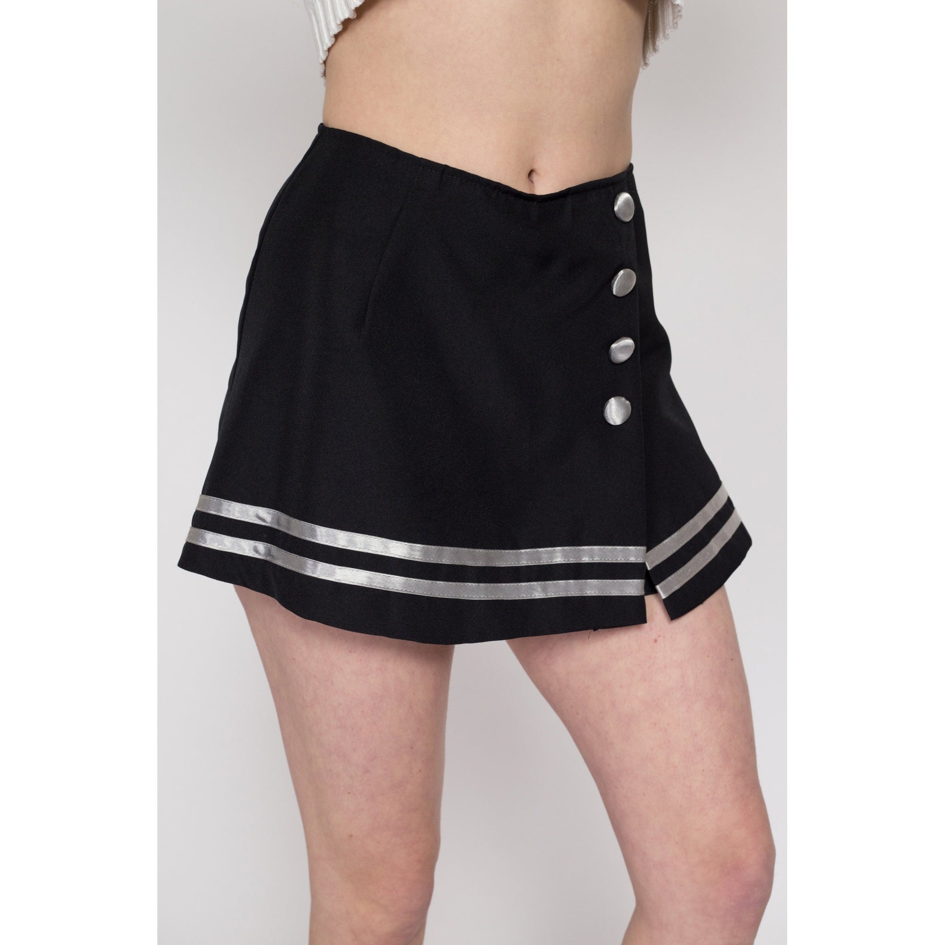 Small 90s Gothic Nautical Black Mini Skort | Vintage High Waisted Striped Trim Shorts Skirt